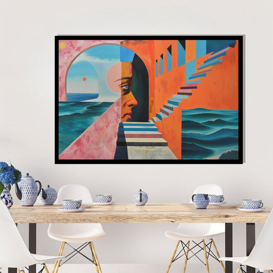 Abstract artwork with geometric shapes and a face-like design. Soulful Strata – surreal figurative artwork showing a human profile within architectural arches and staircases overlooking the sea, by ArtixHub