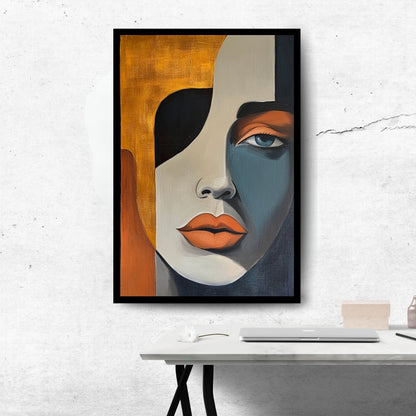 Split Gaze painting – abstract portrait of a woman’s face in orange, black, and blue-gray color blocks, listed on ArtixHub