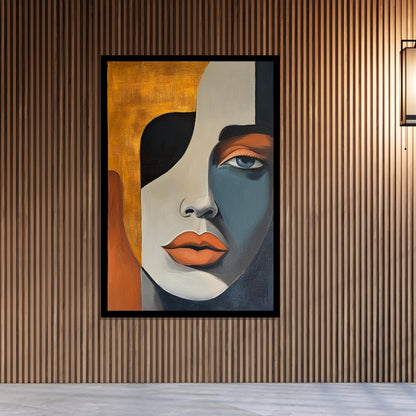 Split Gaze painting – abstract portrait of a woman’s face in orange, black, and blue-gray color blocks, listed on ArtixHub