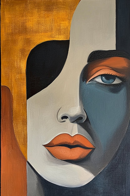Split Gaze painting – abstract portrait of a woman’s face in orange, black, and blue-gray color blocks, listed on ArtixHub