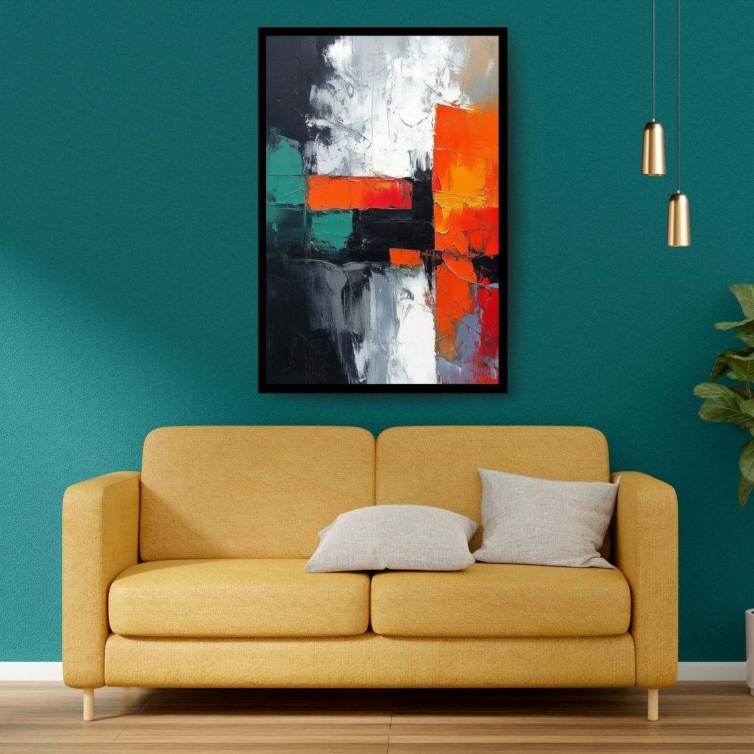 Split Signal by Lior Ezan – abstract geometric painting in vibrant orange, teal, black, and white tones on ArtixHub