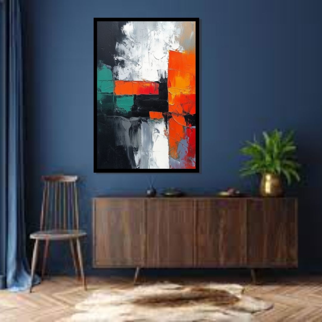 Split Signal by Lior Ezan – abstract geometric painting in vibrant orange, teal, black, and white tones on ArtixHub