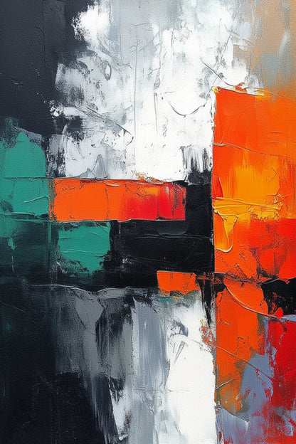 Split Signal by Lior Ezan – abstract geometric painting in vibrant orange, teal, black, and white tones on ArtixHub