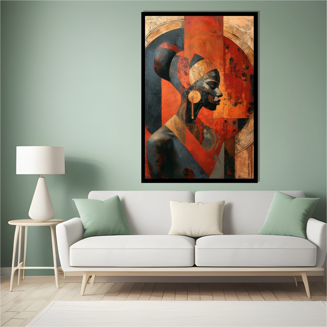 Artistic depiction of a figure with a stylized background. Stand Alone – African figurative abstract portrait of a woman in profile with bold red, black, and gold tones by Amina Diallo