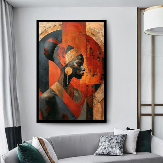 Artistic depiction of a figure with a stylized background. Stand Alone – African figurative abstract portrait of a woman in profile with bold red, black, and gold tones by Amina Diallo