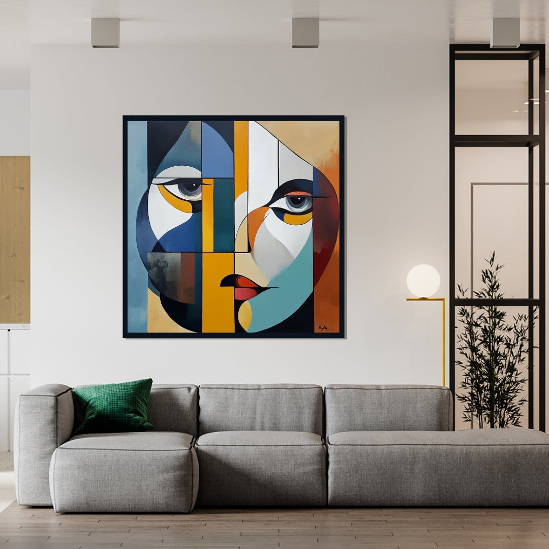 Stare Fractured – abstract geometric painting of a stylized face with sharp color blocks and emotional expression, available on ArtixHub