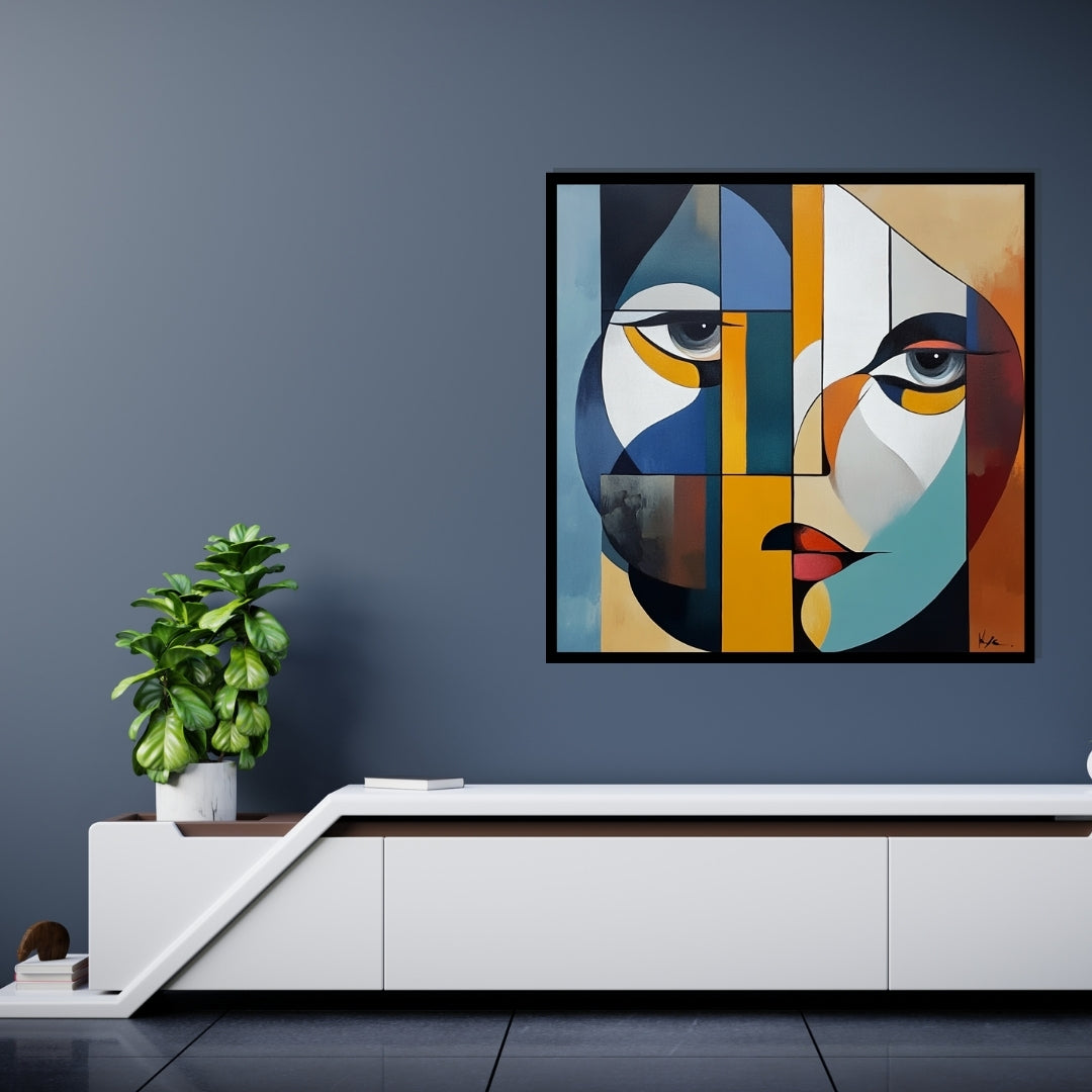 Stare Fractured – abstract geometric painting of a stylized face with sharp color blocks and emotional expression, available on ArtixHub