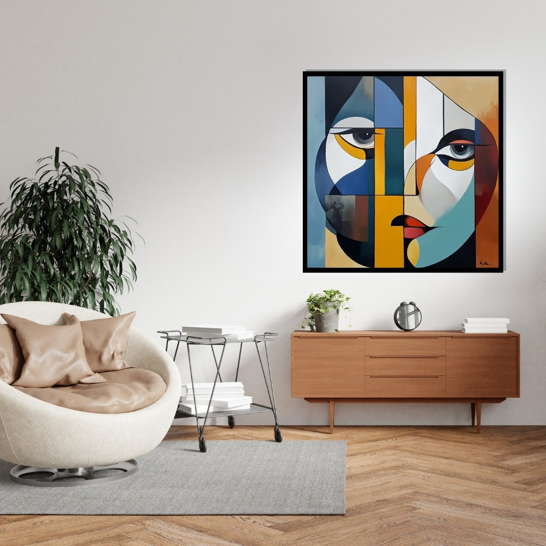 Stare Fractured – abstract geometric painting of a stylized face with sharp color blocks and emotional expression, available on ArtixHub