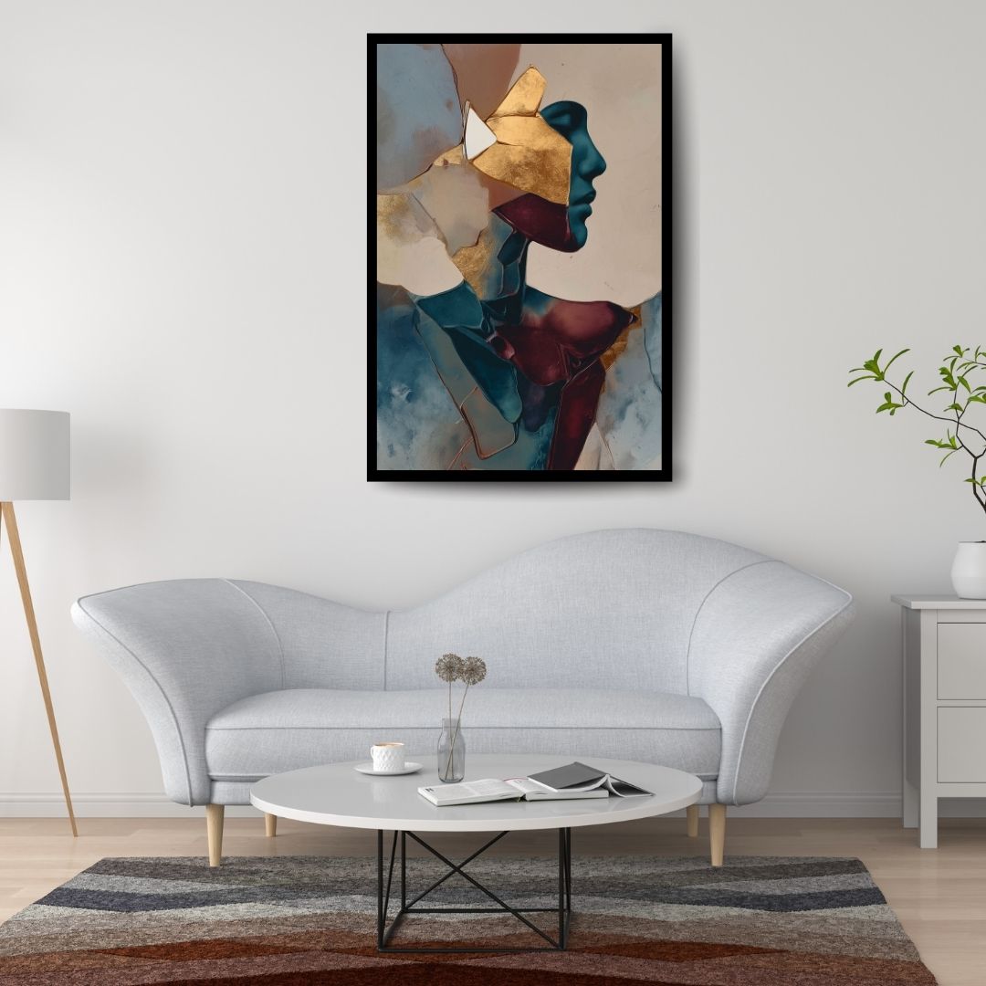 Strata – surreal figurative portrait with gold geometric layers and blue profile, available on ArtixHub