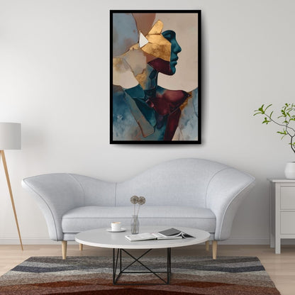 Strata – surreal figurative portrait with gold geometric layers and blue profile, available on ArtixHub