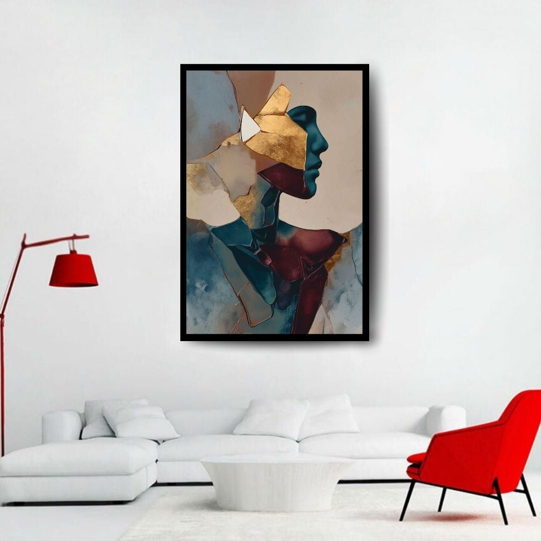 Strata – surreal figurative portrait with gold geometric layers and blue profile, available on ArtixHub