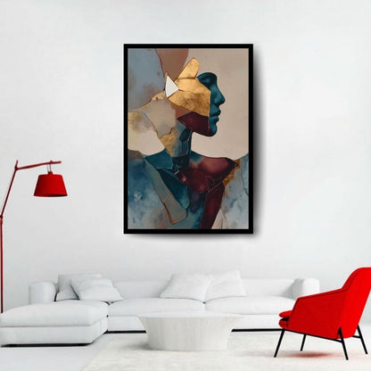 Strata – surreal figurative portrait with gold geometric layers and blue profile, available on ArtixHub