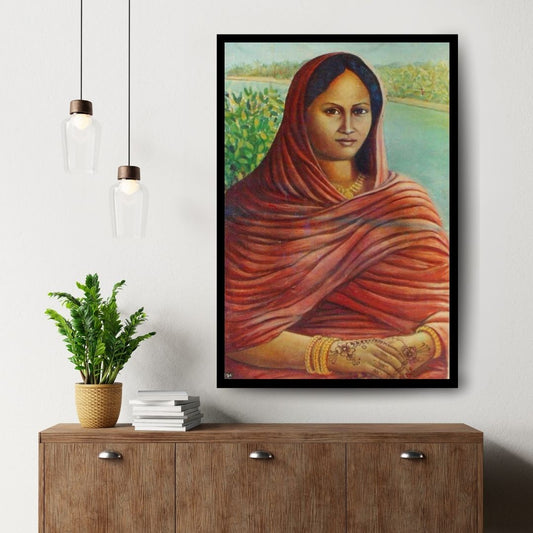 Woman in a red shawl with a blurred natural background. Sudanese Mona Lisa – portrait of a woman in a red draped shawl with henna and gold jewelry by Professor Ibrahim Al Awam, ArtixHub