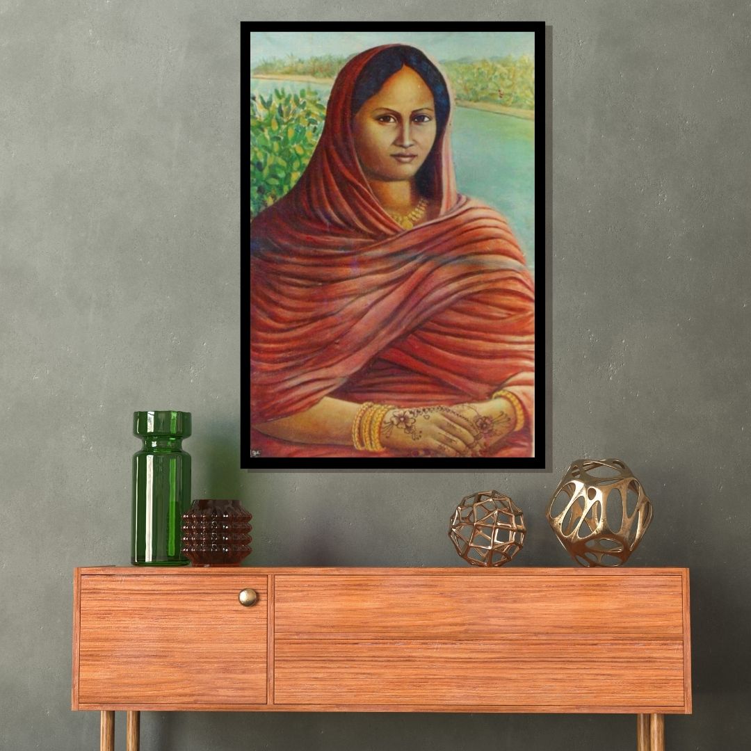Woman in a red shawl with a blurred natural background. Sudanese Mona Lisa – portrait of a woman in a red draped shawl with henna and gold jewelry by Professor Ibrahim Al Awam, ArtixHub
