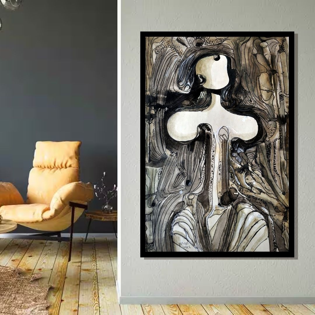 Symbol of Existence (رمز البقاء) – figurative surreal artwork of a human form emerging from layered organic lines, by Ibrahim Al Awam