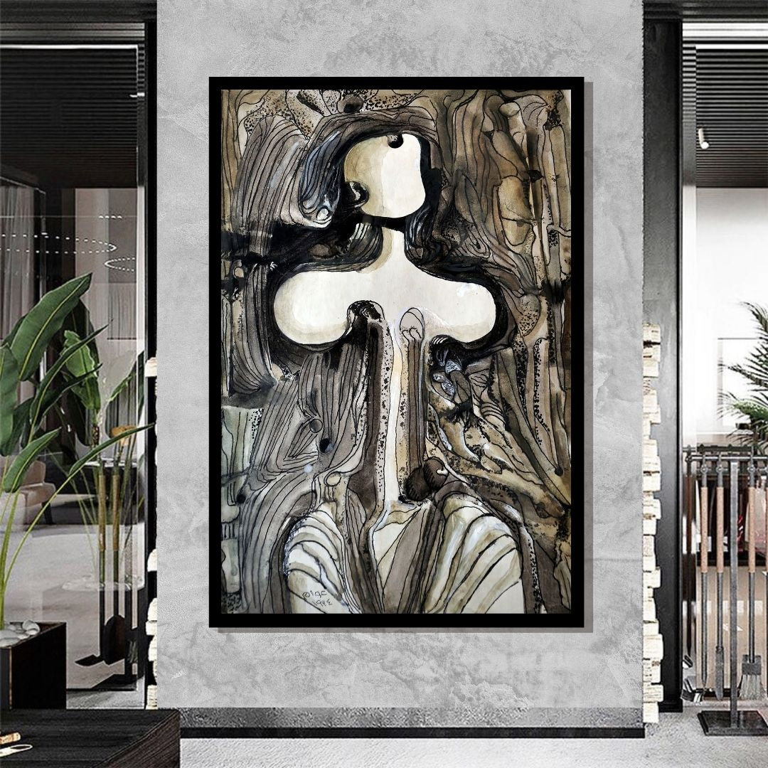 Symbol of Existence (رمز البقاء) – figurative surreal artwork of a human form emerging from layered organic lines, by Ibrahim Al Awam