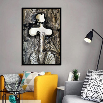 Symbol of Existence (رمز البقاء) – figurative surreal artwork of a human form emerging from layered organic lines, by Ibrahim Al Awam