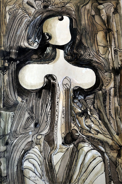 Symbol of Existence (رمز البقاء) – figurative surreal artwork of a human form emerging from layered organic lines, by Ibrahim Al Awam