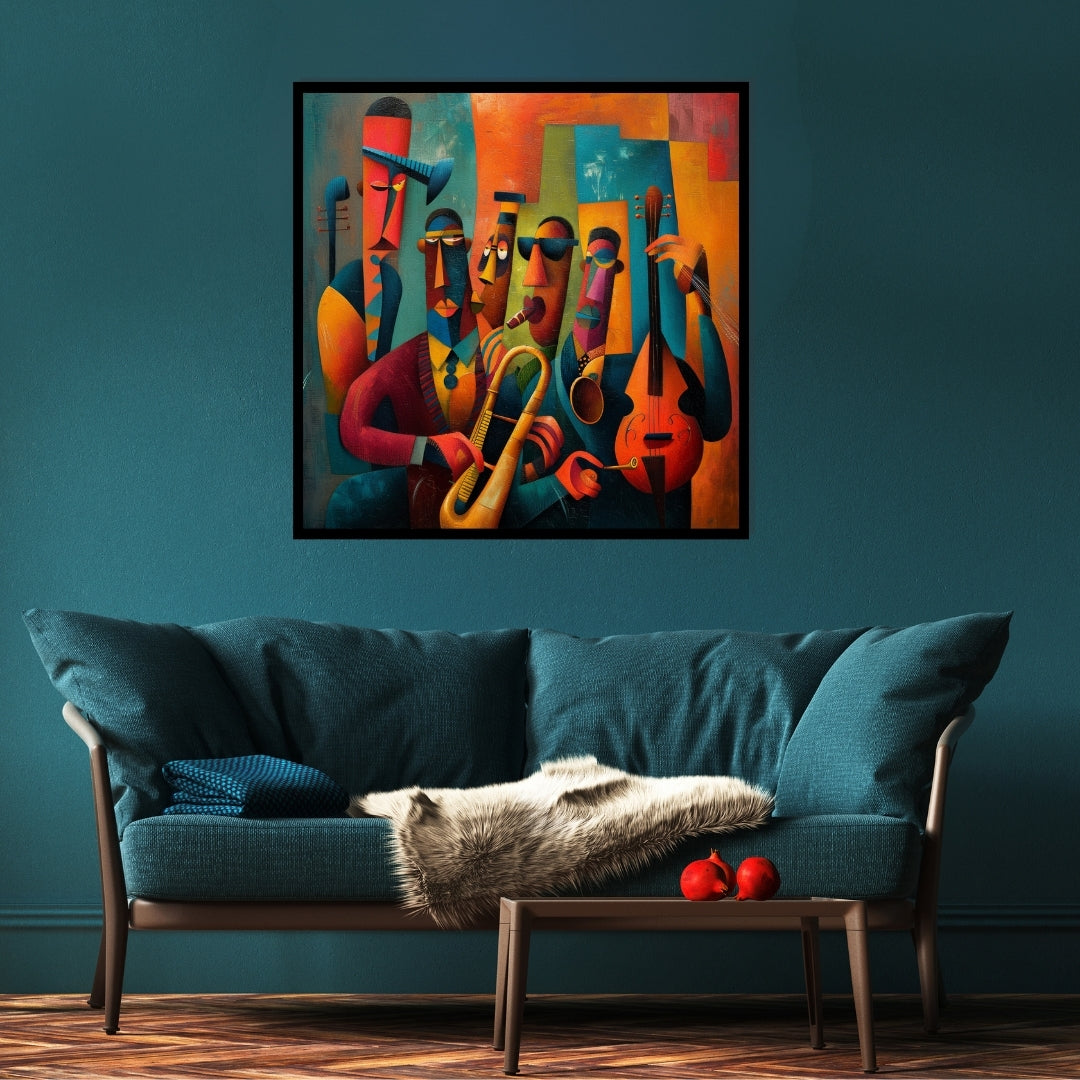 Colorful abstract painting of musical instruments and figures. The Fifth Set – abstract jazz band painting with saxophone and double bass by Amina Diallo