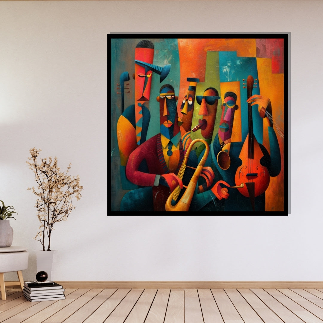 Colorful abstract painting of musical instruments and figures. The Fifth Set – abstract jazz band painting with saxophone and double bass by Amina Diallo