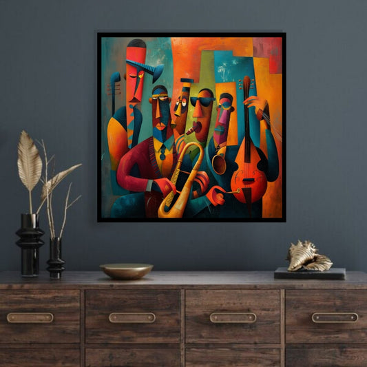 Colorful abstract painting of musical instruments and figures. The Fifth Set – abstract jazz band painting with saxophone and double bass by Amina Diallo