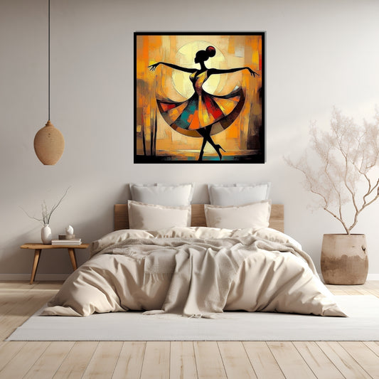 Abstract painting of a dancer with colorful, swirling patterns on an abstract background. The Geometry of Joy – African abstract dancer in a geometric patterned dress by Amina Diallo