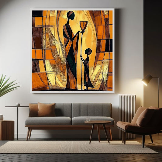 Abstract artwork of two figures holding a cup against an orange and brown geometric background. The Offering – African abstract painting of mother and child exchanging a ceremonial vessel by Amina Diallo