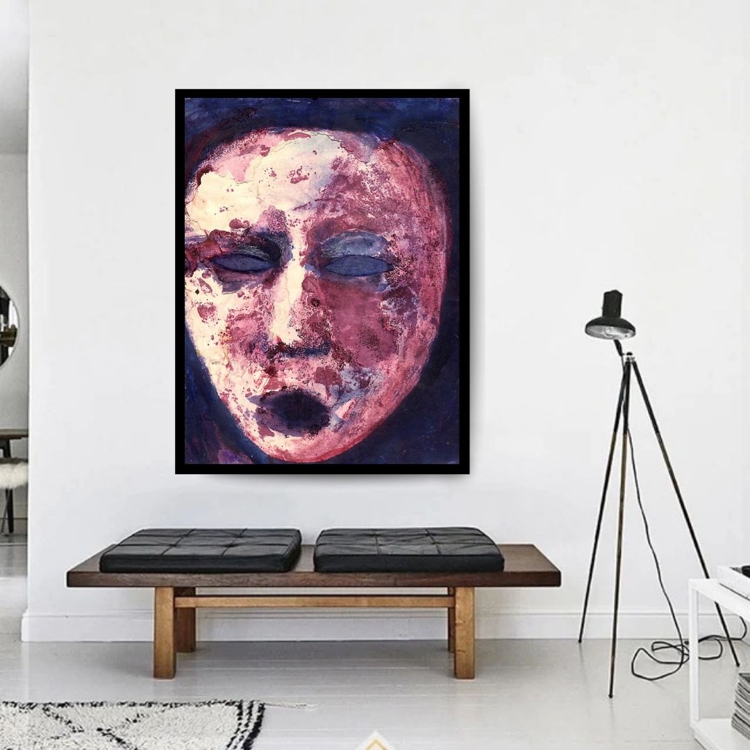 Abstract art piece with a face-like shape in pink, purple, and blue tones. The Scream (صرخة) – expressionist figurative painting by Professor Ibrahim Al Awam, ArtixHub