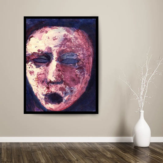 Abstract art piece with a face-like shape in pink, purple, and blue tones. The Scream (صرخة) – expressionist figurative painting by Professor Ibrahim Al Awam, ArtixHub