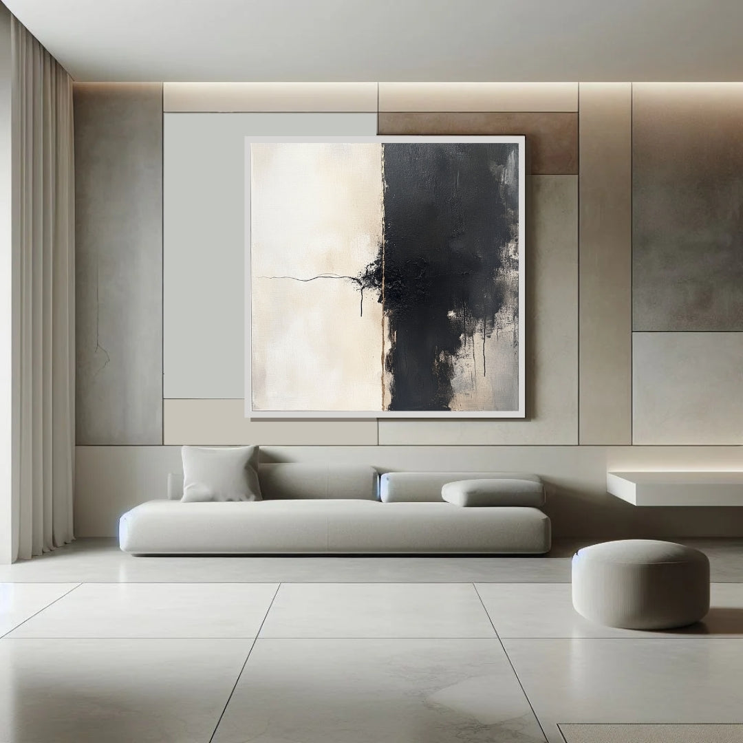 The Thread Between – minimalist abstract painting with black and white contrast, central tension line, and textured detail, available on ArtixHub