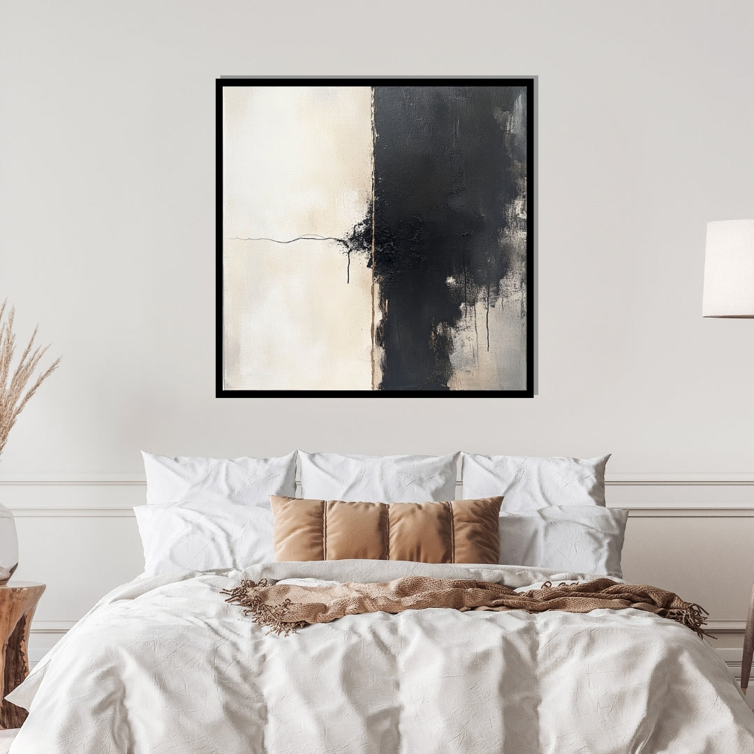 The Thread Between – minimalist abstract painting with black and white contrast, central tension line, and textured detail, available on ArtixHub