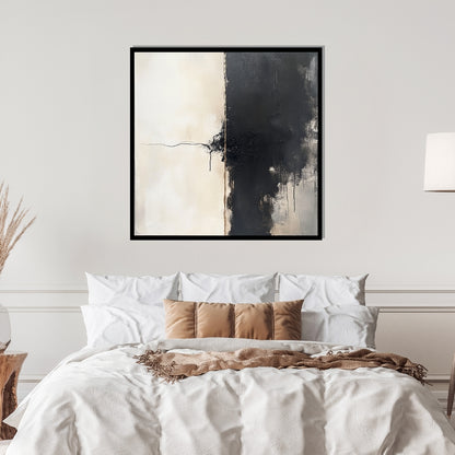 The Thread Between – minimalist abstract painting with black and white contrast, central tension line, and textured detail, available on ArtixHub
