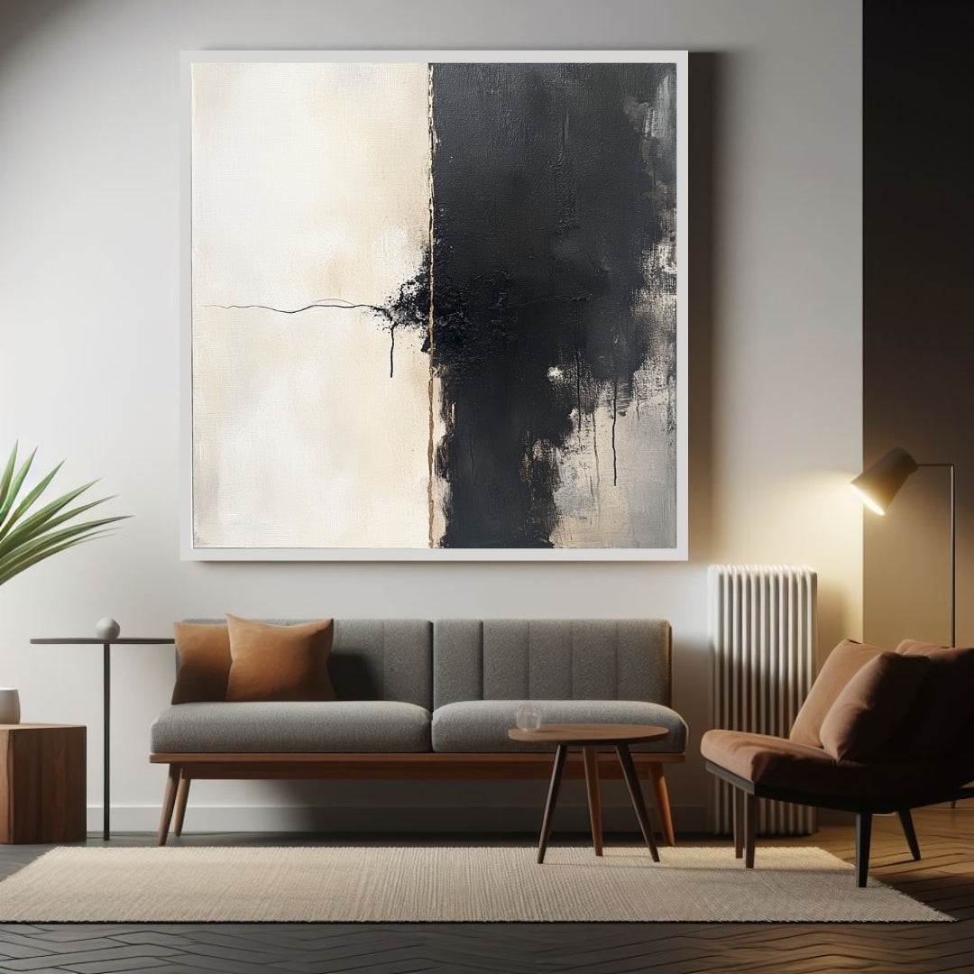 The Thread Between – minimalist abstract painting with black and white contrast, central tension line, and textured detail, available on ArtixHub