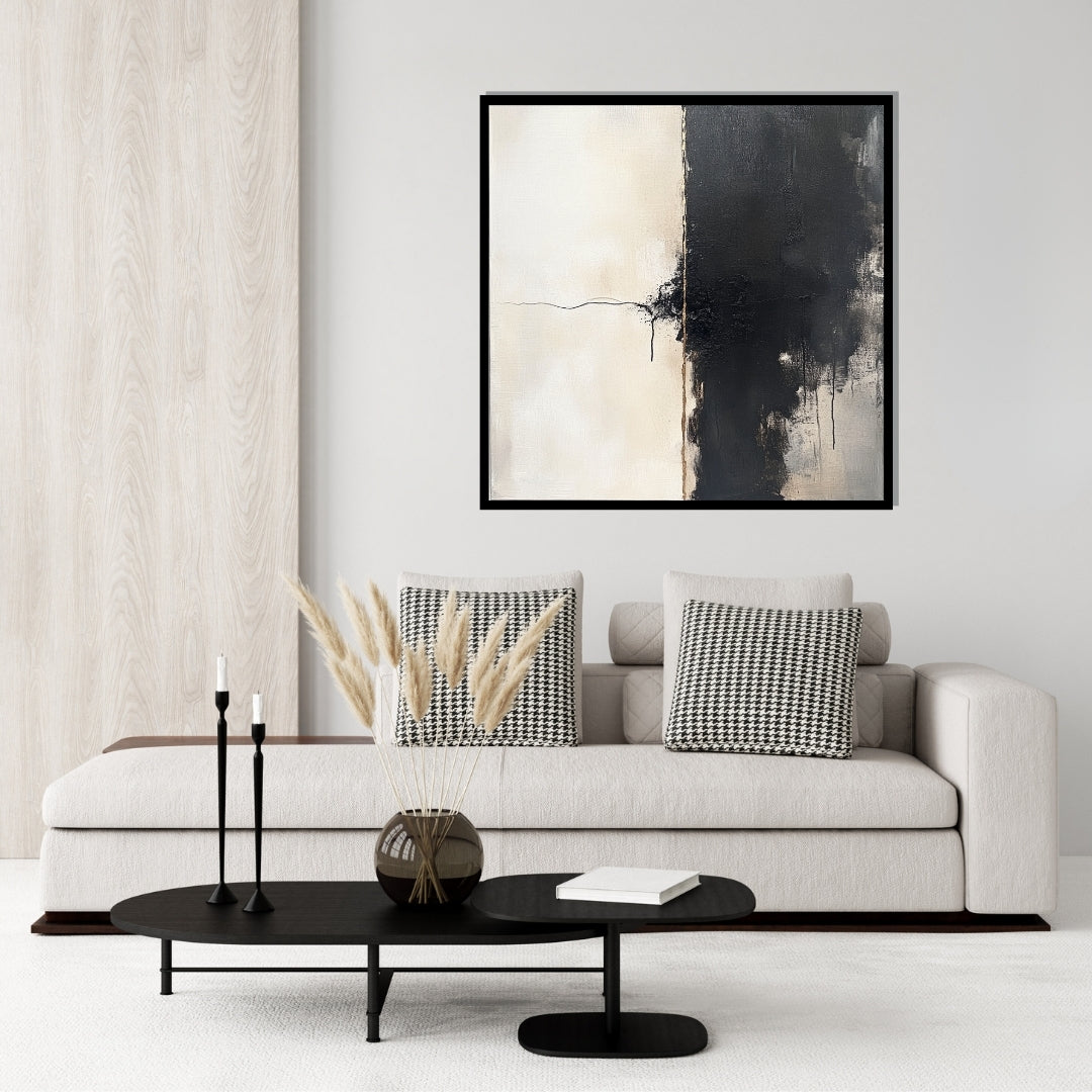 The Thread Between – minimalist abstract painting with black and white contrast, central tension line, and textured detail, available on ArtixHub
