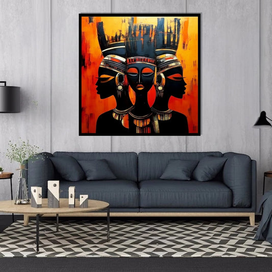 Artistic depiction of three faces with intricate headpieces on an orange and black background. The Trinity of Her – African abstract portrait of three women in harmony with tribal adornments by Amina Diallo