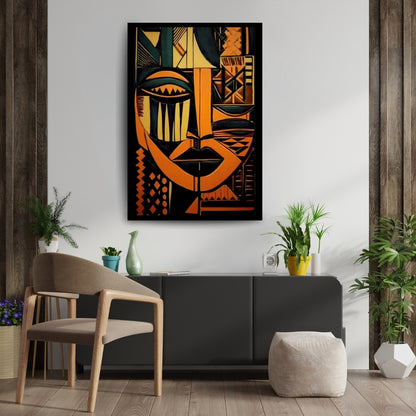 Abstract art of a face with geometric patterns in orange, black, and green on a black background. Tribal Geometry – African abstract geometric face painting in bold orange, black, and green patterns by Amina Diallo