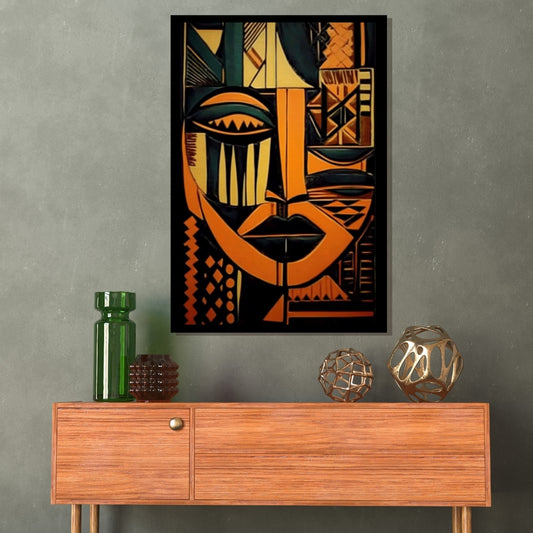 Abstract art of a face with geometric patterns in orange, black, and green on a black background. Tribal Geometry – African abstract geometric face painting in bold orange, black, and green patterns by Amina Diallo