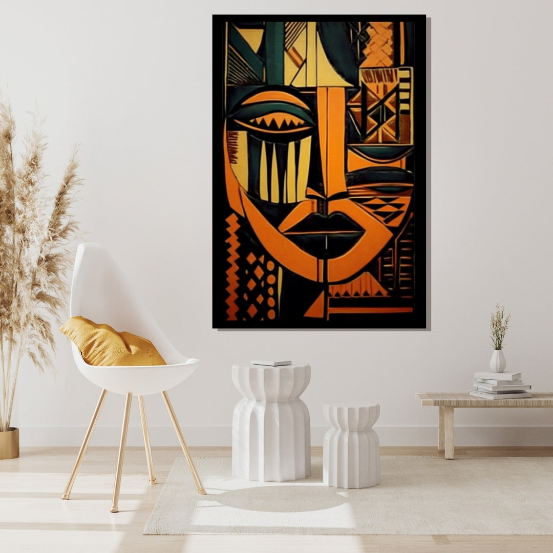 Abstract art of a face with geometric patterns in orange, black, and green on a black background. Tribal Geometry – African abstract geometric face painting in bold orange, black, and green patterns by Amina Diallo