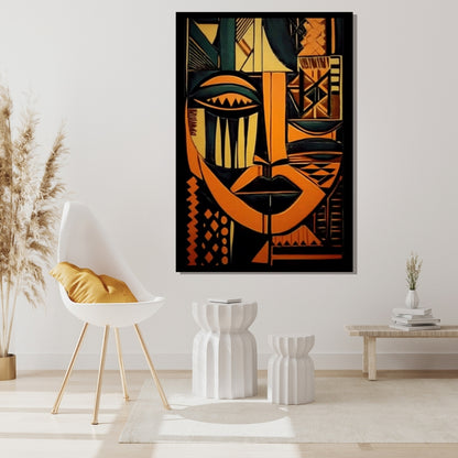 Abstract art of a face with geometric patterns in orange, black, and green on a black background. Tribal Geometry – African abstract geometric face painting in bold orange, black, and green patterns by Amina Diallo