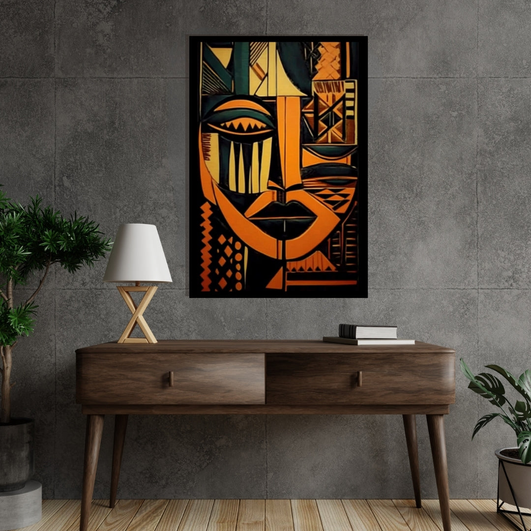 Abstract art of a face with geometric patterns in orange, black, and green on a black background. Tribal Geometry – African abstract geometric face painting in bold orange, black, and green patterns by Amina Diallo