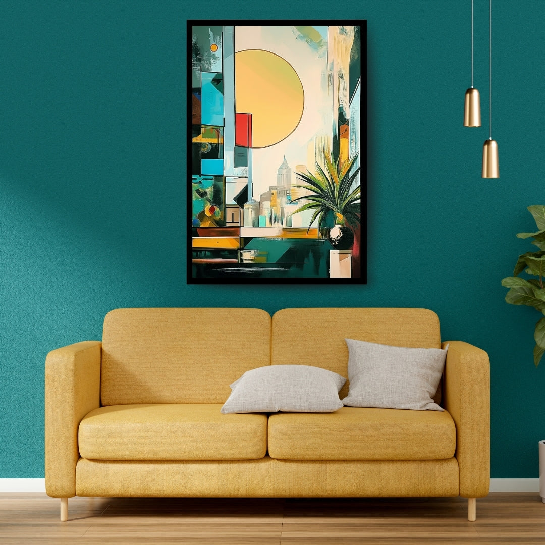 Tropical Metropolis – abstract cityscape with bright geometric blocks, large sun, and indoor plant, in a colorful modern palette on ArtixHub