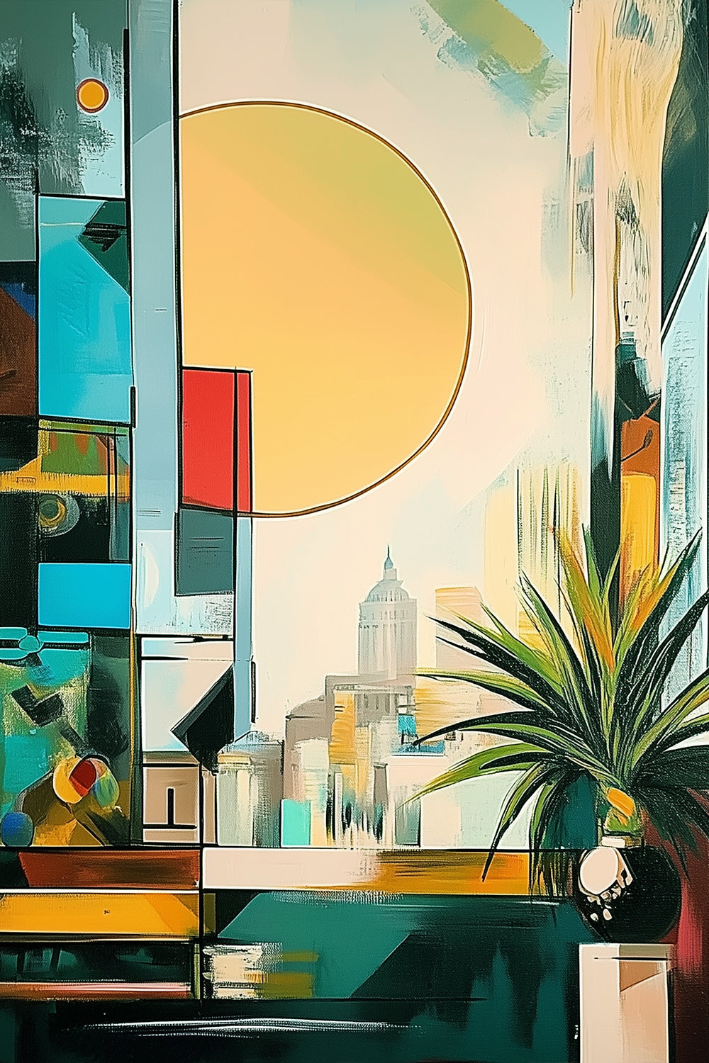 Tropical Metropolis – abstract cityscape with bright geometric blocks, large sun, and indoor plant, in a colorful modern palette on ArtixHub