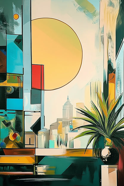 Tropical Metropolis – abstract cityscape with bright geometric blocks, large sun, and indoor plant, in a colorful modern palette on ArtixHub
