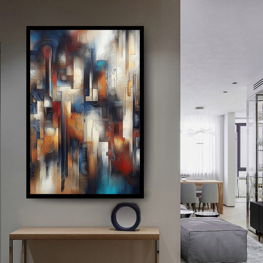 Turbine of Glass – abstract expressionist cityscape painting with vertical blocks in blue, amber, and red tones on ArtixHub