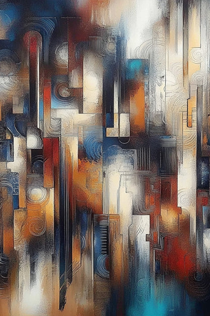 Turbine of Glass – abstract expressionist cityscape painting with vertical blocks in blue, amber, and red tones on ArtixHub
