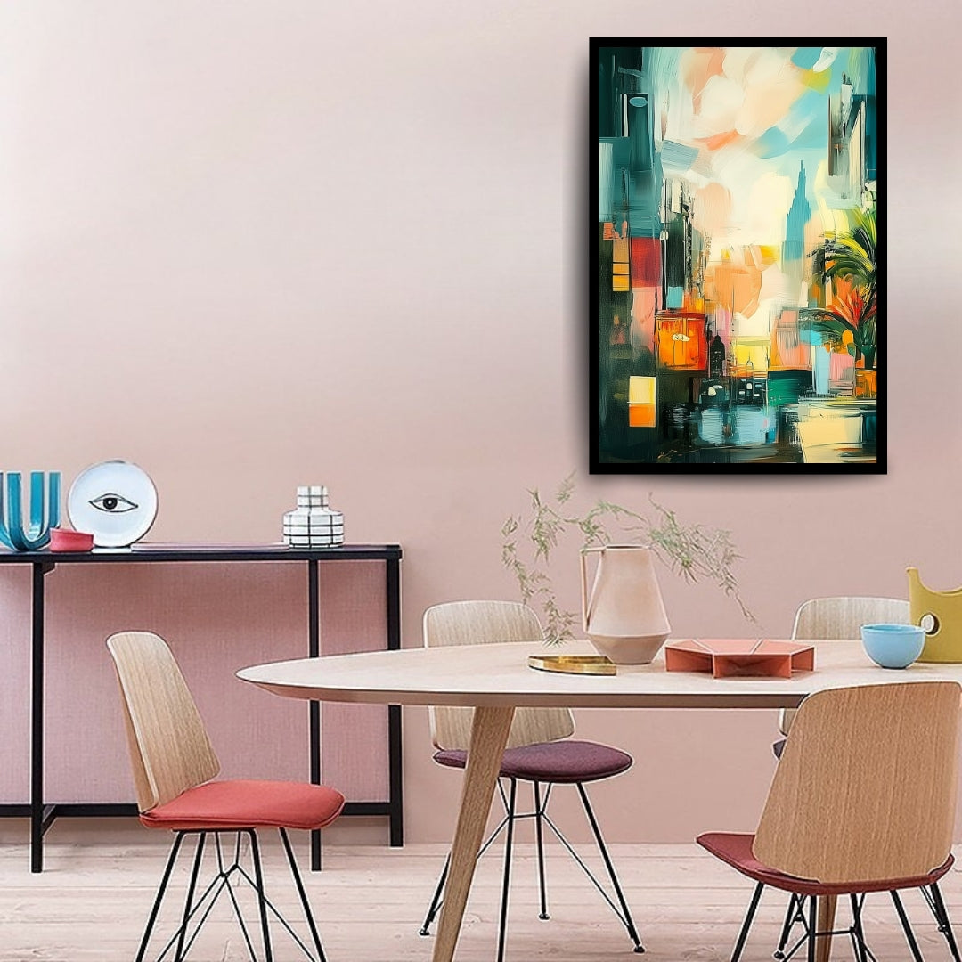 Urban Mirage – abstract painting of a colorful city skyline with blurred textures and palm leaves, available on ArtixHub