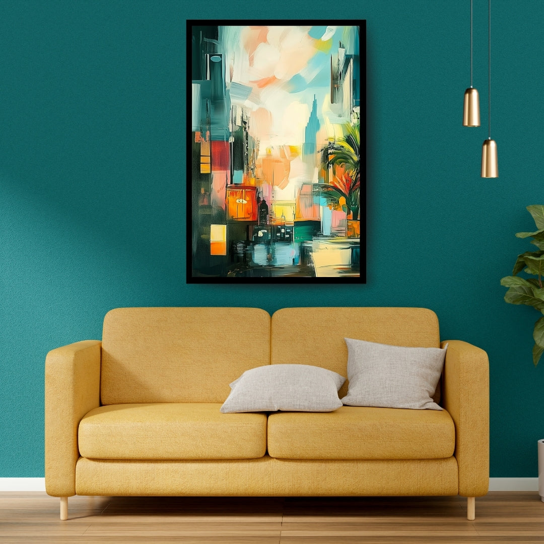 Urban Mirage – abstract painting of a colorful city skyline with blurred textures and palm leaves, available on ArtixHub