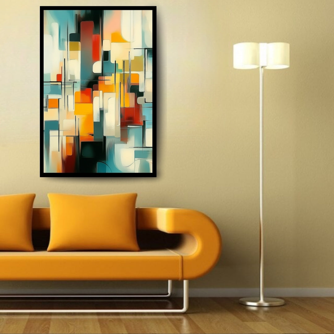 Colorful geometric abstract painting with overlapping rectangular forms in red, yellow, teal, and white tones – Urban Sonata by ArtixHub