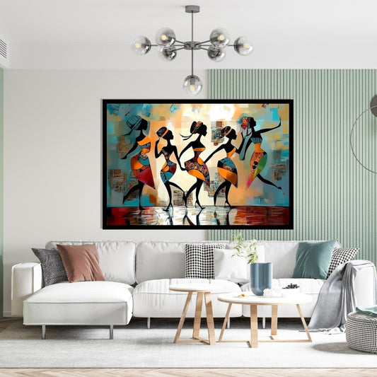 Abstract artwork with stylized figures and geometric patterns. Walking Beat – African women dancing in colorful abstract dresses by Amina Diallo
