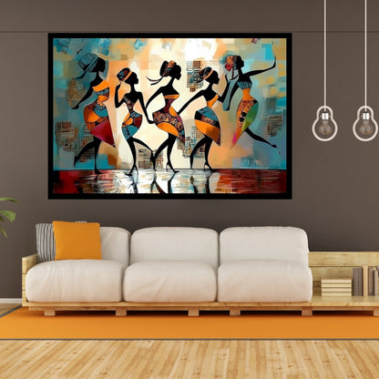 Abstract artwork with stylized figures and geometric patterns. Walking Beat – African women dancing in colorful abstract dresses by Amina Diallo